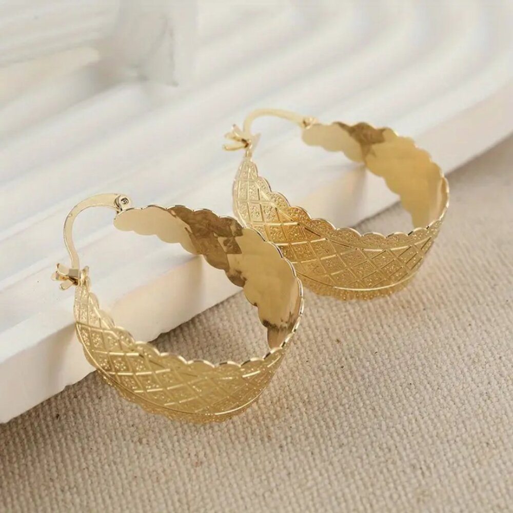 14K Gold Womens Etched Chunky Hoop Earrings Ladies 14 Karat Silver Hoops Jewelry - Picture 3 of 7